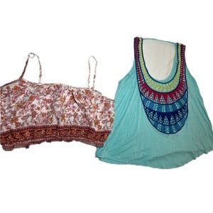 Bundle of 2 Beach Tops - Green Flowy Shirt Size Small - Floral Bandeau Medium